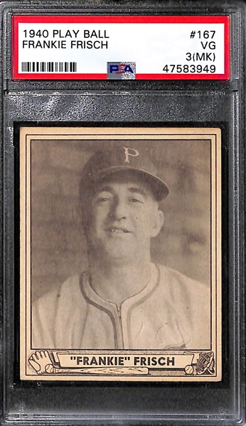 Lot of 3 - 1940 Play Ball Highpockets Kelly PSA 5, Frankie Frischg PSA 3 MK & Tony Lazzeri PSA 2.5