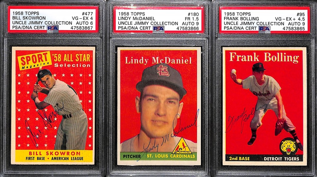 Lot of 3 - 1958 Topps Skowron PSA 4 (Auto 6), McDaniel PSA 1.5 (Auto 9), Bolling PSA 4.5 (Auto 9)