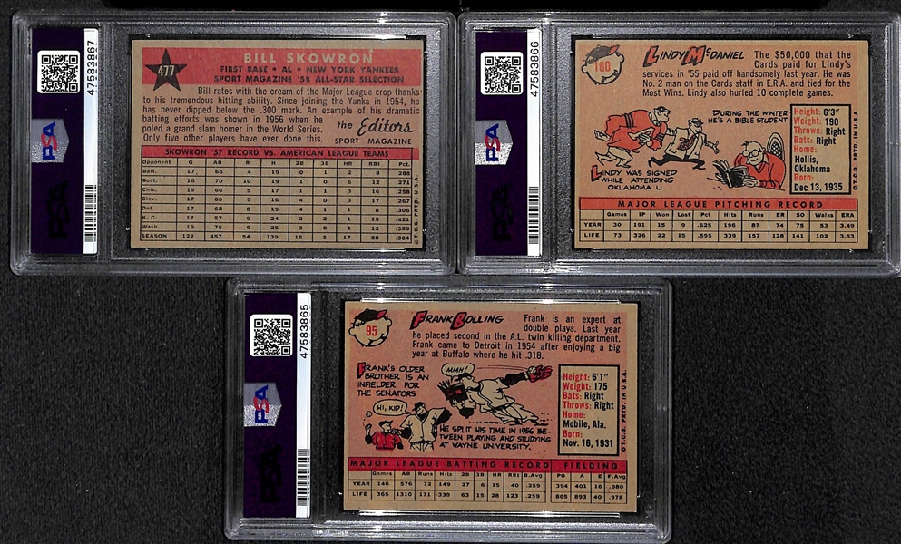 Lot of 3 - 1958 Topps Skowron PSA 4 (Auto 6), McDaniel PSA 1.5 (Auto 9), Bolling PSA 4.5 (Auto 9)