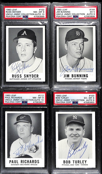 Signed 1960 Leaf R. Snyder PSA 8 (Auto Grade 10), Bunning PSA 5 (Auto Grade 9), P. Richards PSA 8 (Auto Grade 10), B. Turley PSA 6 (Auto Grade 9)