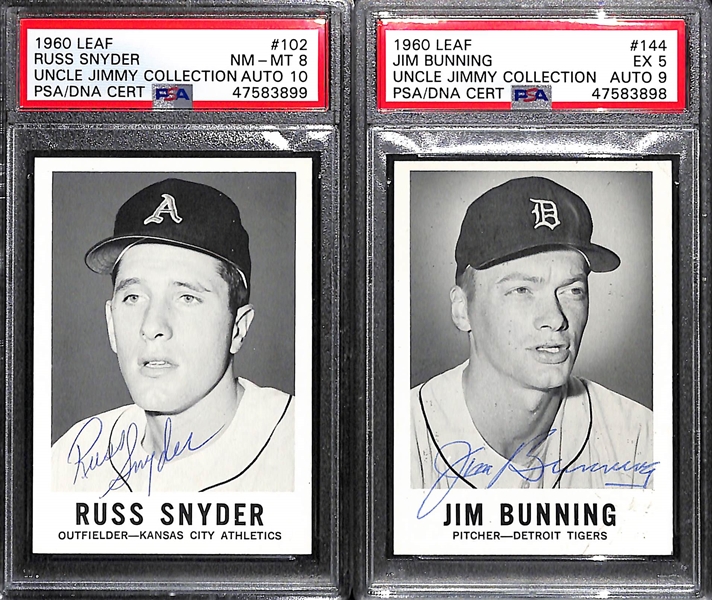 Signed 1960 Leaf R. Snyder PSA 8 (Auto Grade 10), Bunning PSA 5 (Auto Grade 9), P. Richards PSA 8 (Auto Grade 10), B. Turley PSA 6 (Auto Grade 9)