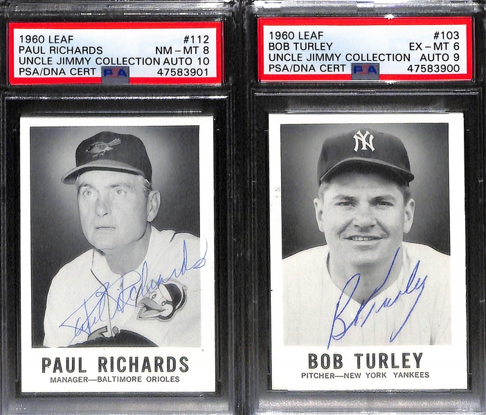 Signed 1960 Leaf R. Snyder PSA 8 (Auto Grade 10), Bunning PSA 5 (Auto Grade 9), P. Richards PSA 8 (Auto Grade 10), B. Turley PSA 6 (Auto Grade 9)