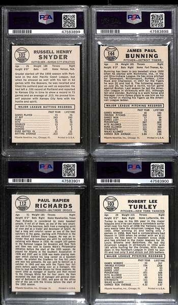 Signed 1960 Leaf R. Snyder PSA 8 (Auto Grade 10), Bunning PSA 5 (Auto Grade 9), P. Richards PSA 8 (Auto Grade 10), B. Turley PSA 6 (Auto Grade 9)