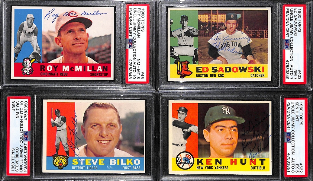 Signed 1960 Topps McMillan PSA 8 (Auto Grade 10), Sadowski PSA 7 (Auto Grade 7), Bilko PSA 7(OC) (Auto Grade 10), Hunt PSA 5 (Auto Grade 8)