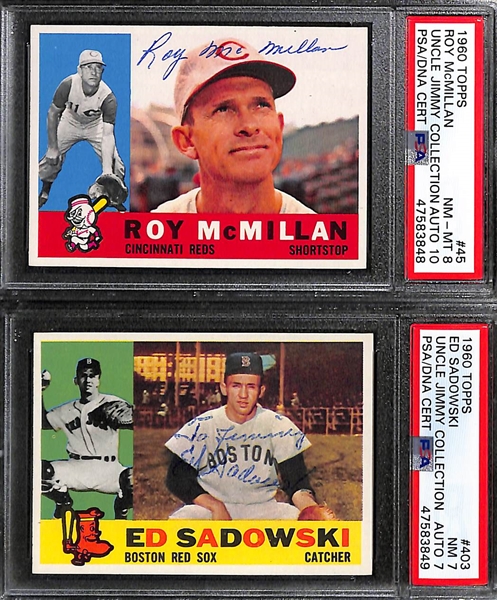 Signed 1960 Topps McMillan PSA 8 (Auto Grade 10), Sadowski PSA 7 (Auto Grade 7), Bilko PSA 7(OC) (Auto Grade 10), Hunt PSA 5 (Auto Grade 8)