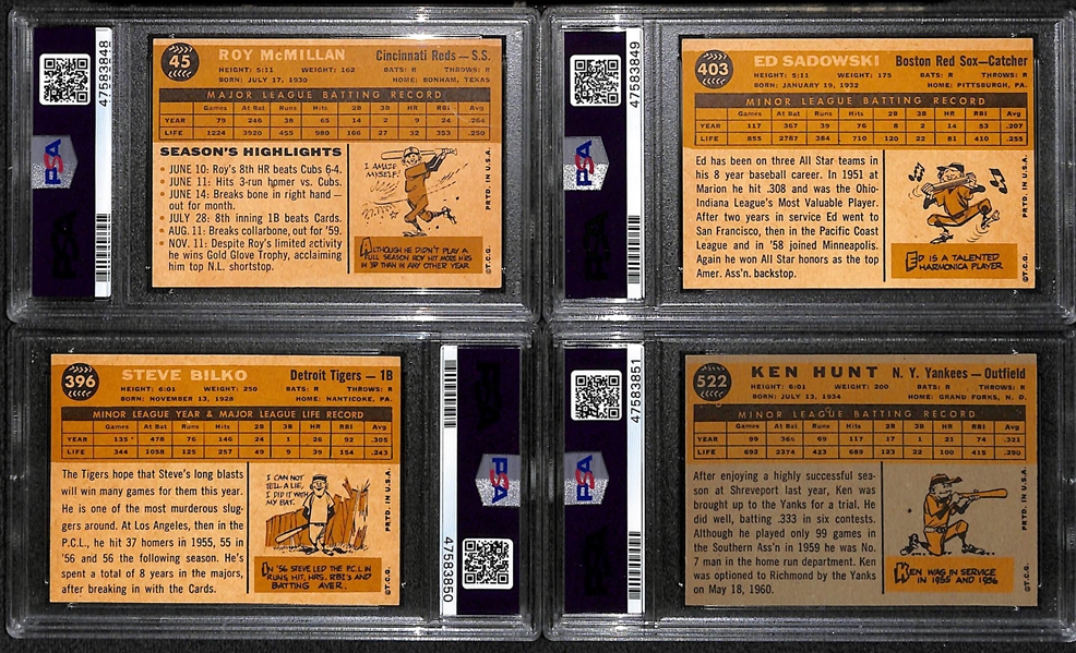 Signed 1960 Topps McMillan PSA 8 (Auto Grade 10), Sadowski PSA 7 (Auto Grade 7), Bilko PSA 7(OC) (Auto Grade 10), Hunt PSA 5 (Auto Grade 8)