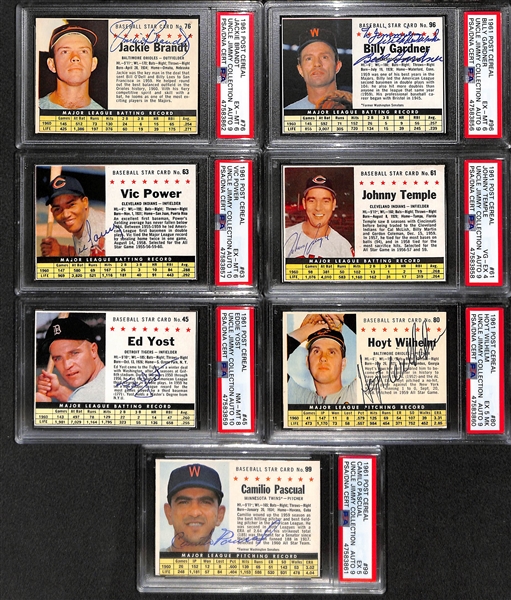 Signed 1961 Post Cereal Brandt PSA 6, Gardner PSA 6 , Power PSA 6, Temple PSA 4, Yost PSA 8, Wilhelm PSA 5(MK) & Pascual PSA 5. All  Auto Grades 9 or 10