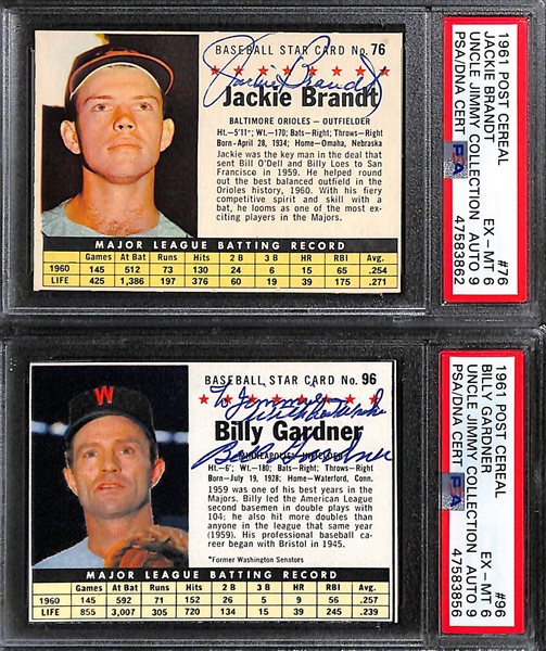 Signed 1961 Post Cereal Brandt PSA 6, Gardner PSA 6 , Power PSA 6, Temple PSA 4, Yost PSA 8, Wilhelm PSA 5(MK) & Pascual PSA 5. All  Auto Grades 9 or 10