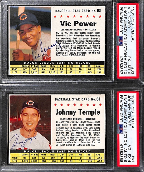 Signed 1961 Post Cereal Brandt PSA 6, Gardner PSA 6 , Power PSA 6, Temple PSA 4, Yost PSA 8, Wilhelm PSA 5(MK) & Pascual PSA 5. All  Auto Grades 9 or 10