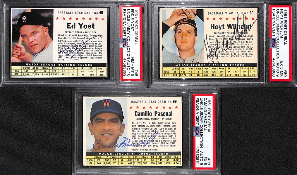 Signed 1961 Post Cereal Brandt PSA 6, Gardner PSA 6 , Power PSA 6, Temple PSA 4, Yost PSA 8, Wilhelm PSA 5(MK) & Pascual PSA 5. All  Auto Grades 9 or 10