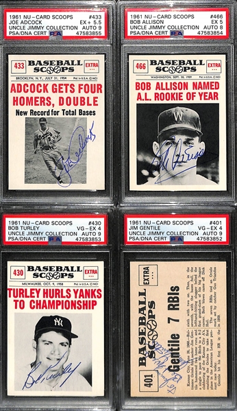Signed 1961 Nu-Card Scoops Joe Adcock PSA 5.5, Bob Allison PSA 5, Bob Turley PSA 4, Jim Gentile PSA 4. All Auto Grades are 8 or 9