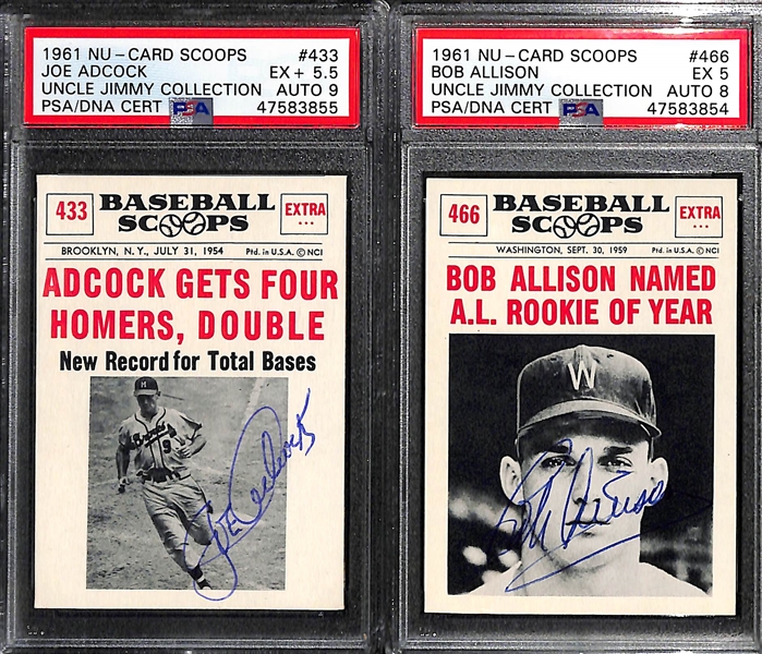 Signed 1961 Nu-Card Scoops Joe Adcock PSA 5.5, Bob Allison PSA 5, Bob Turley PSA 4, Jim Gentile PSA 4. All Auto Grades are 8 or 9