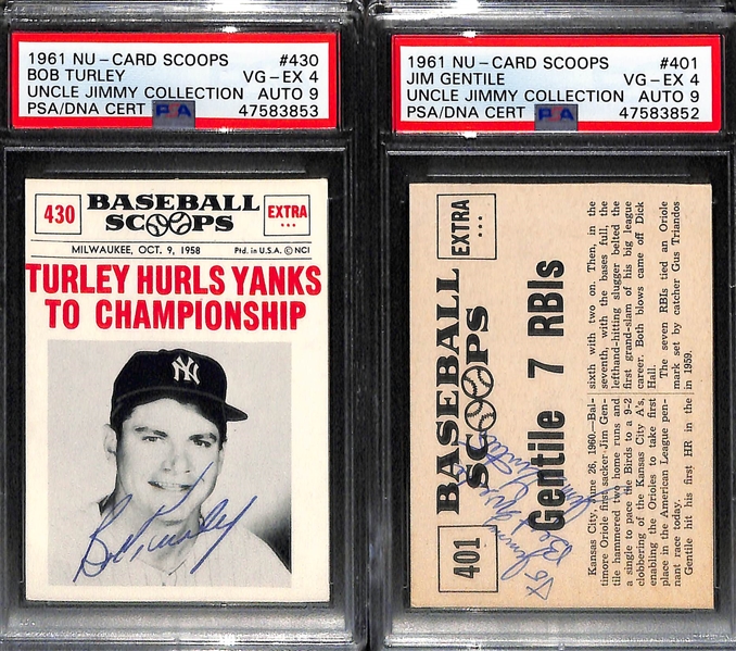 Signed 1961 Nu-Card Scoops Joe Adcock PSA 5.5, Bob Allison PSA 5, Bob Turley PSA 4, Jim Gentile PSA 4. All Auto Grades are 8 or 9
