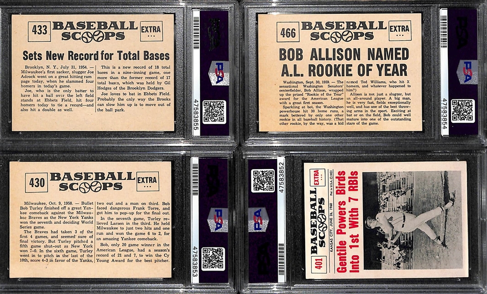 Signed 1961 Nu-Card Scoops Joe Adcock PSA 5.5, Bob Allison PSA 5, Bob Turley PSA 4, Jim Gentile PSA 4. All Auto Grades are 8 or 9