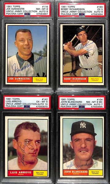 Lot of 4 - 1961 Topps Joe DeMaestri #116 PSA 8 (Autograph Grade 8), Bobby Richardson #180 PSA 5 (Autograph Grade 8), Luis Arroyo #142 PSA 6 (Autograph Grade 10) & John Blanchard #104 PSA 8 MC...