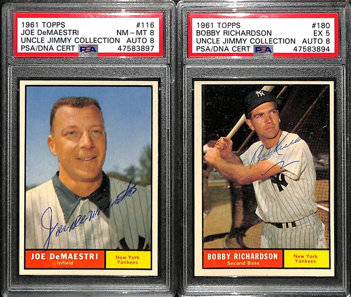 Lot of 4 - 1961 Topps Joe DeMaestri #116 PSA 8 (Autograph Grade 8), Bobby Richardson #180 PSA 5 (Autograph Grade 8), Luis Arroyo #142 PSA 6 (Autograph Grade 10) & John Blanchard #104 PSA 8 MC...