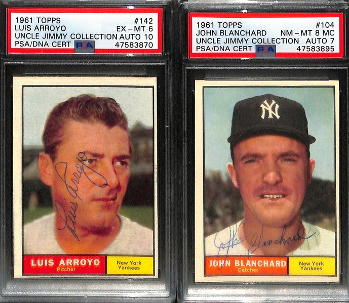 Lot of 4 - 1961 Topps Joe DeMaestri #116 PSA 8 (Autograph Grade 8), Bobby Richardson #180 PSA 5 (Autograph Grade 8), Luis Arroyo #142 PSA 6 (Autograph Grade 10) & John Blanchard #104 PSA 8 MC...