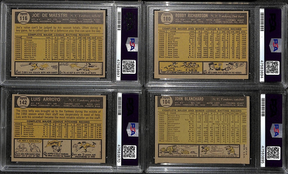 Lot of 4 - 1961 Topps Joe DeMaestri #116 PSA 8 (Autograph Grade 8), Bobby Richardson #180 PSA 5 (Autograph Grade 8), Luis Arroyo #142 PSA 6 (Autograph Grade 10) & John Blanchard #104 PSA 8 MC...