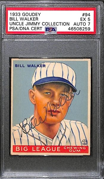 1933 Goudey Bill Walker #94 PSA 5 (Autograph Grade 7) - Pop 1 - Highest Grade of Only 5 PSA Examples - (d. 1966)