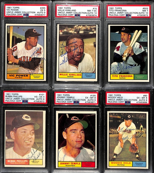 Signed 1961 Topps V. Power PSA 5 (Auto 9), Kirkland PSA 7(OC) (Auto 10), Tito Francona PSA 7 (Auto 10), Philips PSA 4 (Auto 8), Temple PSA 6 (Auto 9), Held PSA 6 (Auto 8)