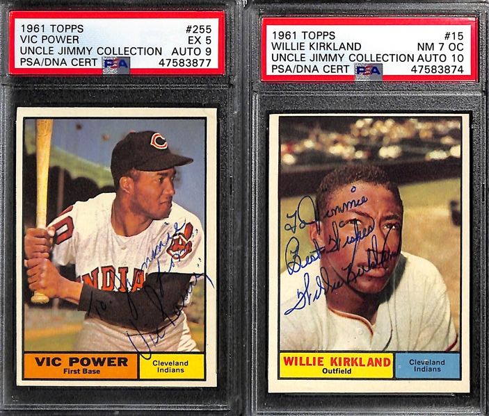 Signed 1961 Topps V. Power PSA 5 (Auto 9), Kirkland PSA 7(OC) (Auto 10), Tito Francona PSA 7 (Auto 10), Philips PSA 4 (Auto 8), Temple PSA 6 (Auto 9), Held PSA 6 (Auto 8)