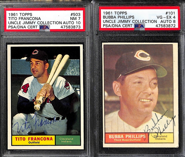 Signed 1961 Topps V. Power PSA 5 (Auto 9), Kirkland PSA 7(OC) (Auto 10), Tito Francona PSA 7 (Auto 10), Philips PSA 4 (Auto 8), Temple PSA 6 (Auto 9), Held PSA 6 (Auto 8)