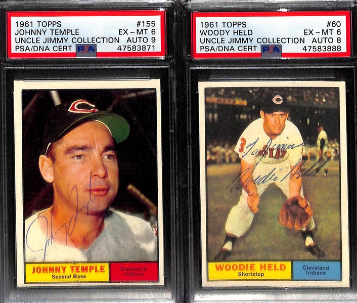 Signed 1961 Topps V. Power PSA 5 (Auto 9), Kirkland PSA 7(OC) (Auto 10), Tito Francona PSA 7 (Auto 10), Philips PSA 4 (Auto 8), Temple PSA 6 (Auto 9), Held PSA 6 (Auto 8)