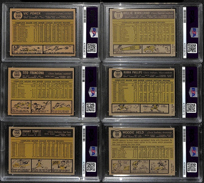 Signed 1961 Topps V. Power PSA 5 (Auto 9), Kirkland PSA 7(OC) (Auto 10), Tito Francona PSA 7 (Auto 10), Philips PSA 4 (Auto 8), Temple PSA 6 (Auto 9), Held PSA 6 (Auto 8)
