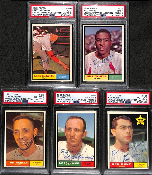 Lot of (5) Signed 1961 Topps Baseball Cards w. Lindy McDaniel, Bill White, Tom Morgan, Ed Sadowski, Ken Hunt