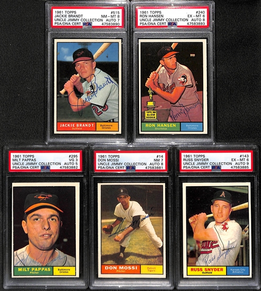 Lot of (5) Signed 1961 Topps Baseball Cards w. Jackie Brandt, Ron Hansen, Milt Pappas, Don Mossi, Russ Snyder