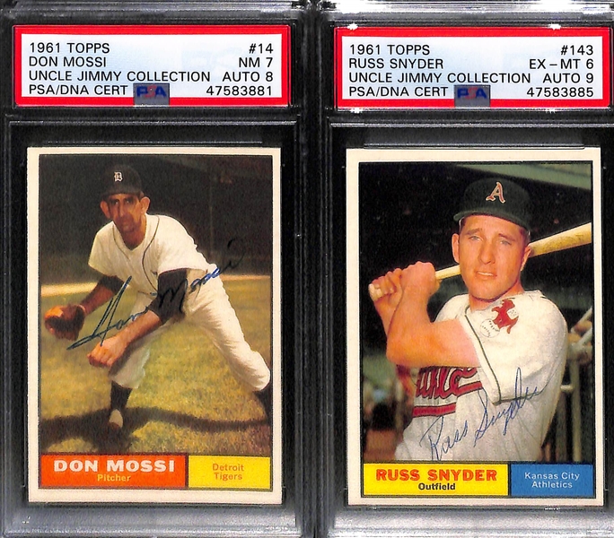 Lot of (5) Signed 1961 Topps Baseball Cards w. Jackie Brandt, Ron Hansen, Milt Pappas, Don Mossi, Russ Snyder