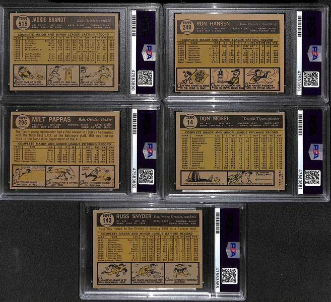 Lot of (5) Signed 1961 Topps Baseball Cards w. Jackie Brandt, Ron Hansen, Milt Pappas, Don Mossi, Russ Snyder