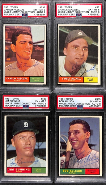 Lot of (4) Signed 1961 Topps Baseball Cards w. Camilo Pascual, Charlie Maxwell, Jim Bunning, Bob Allison