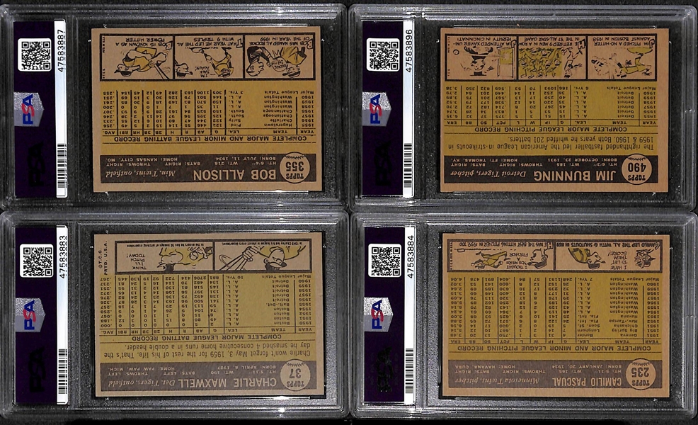 Lot of (4) Signed 1961 Topps Baseball Cards w. Camilo Pascual, Charlie Maxwell, Jim Bunning, Bob Allison