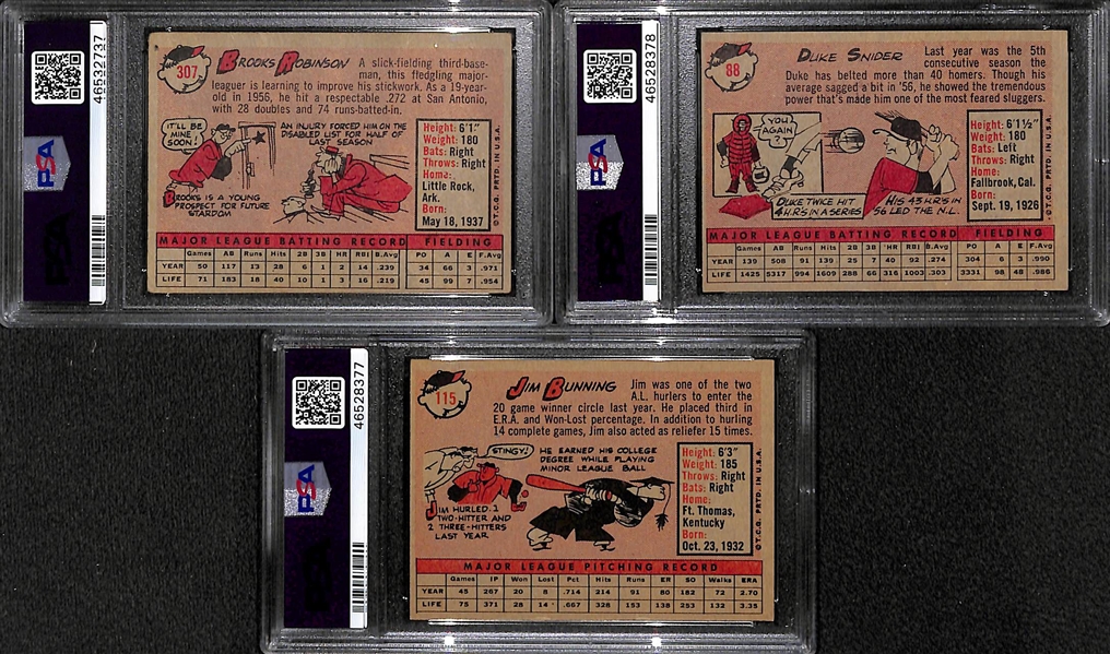 Lot of (3) Graded 1958 Topps Baseball Cards w. Brooks Robinson, Jim Bunning, and Duke Snider