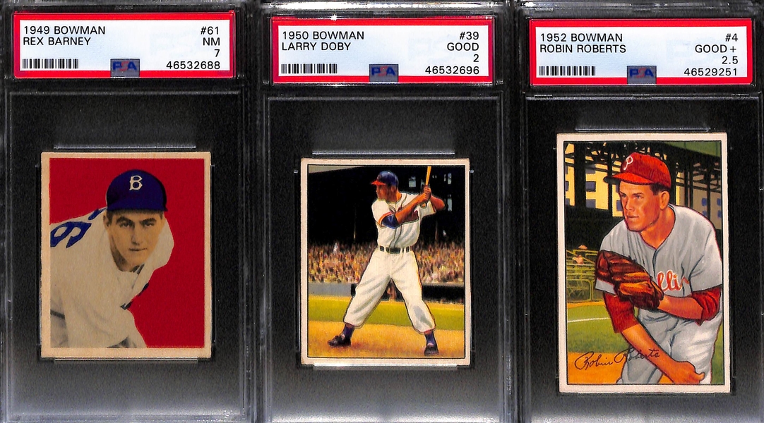 Lot of (7) Graded 1949-1952 Bowman Baseball Cards w. (2) Del Ennis, Schoendienst, Kell, Barney, Doby, Roberts 