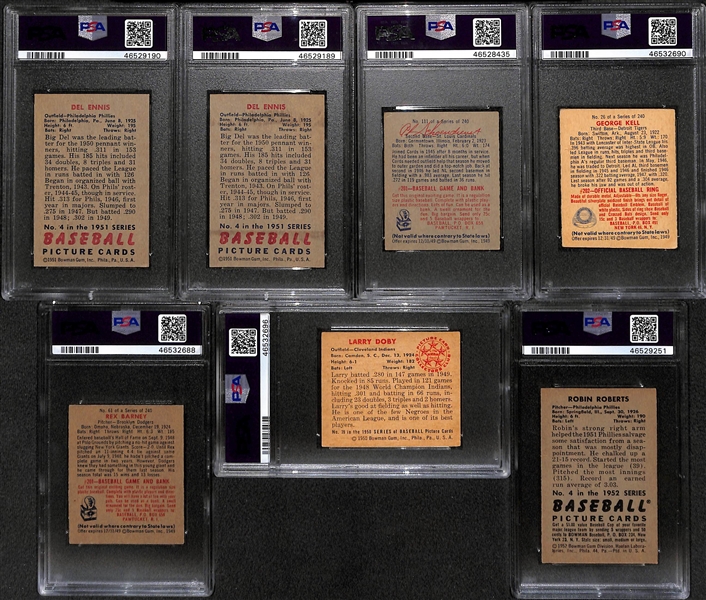 Lot of (7) Graded 1949-1952 Bowman Baseball Cards w. (2) Del Ennis, Schoendienst, Kell, Barney, Doby, Roberts 