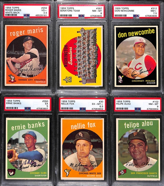 Lot of (6) Graded 1959 Topps Baseball Cards w. Nellie Fox, F. Alou, Ernie Banks, Newcombe, Roger Maris, +