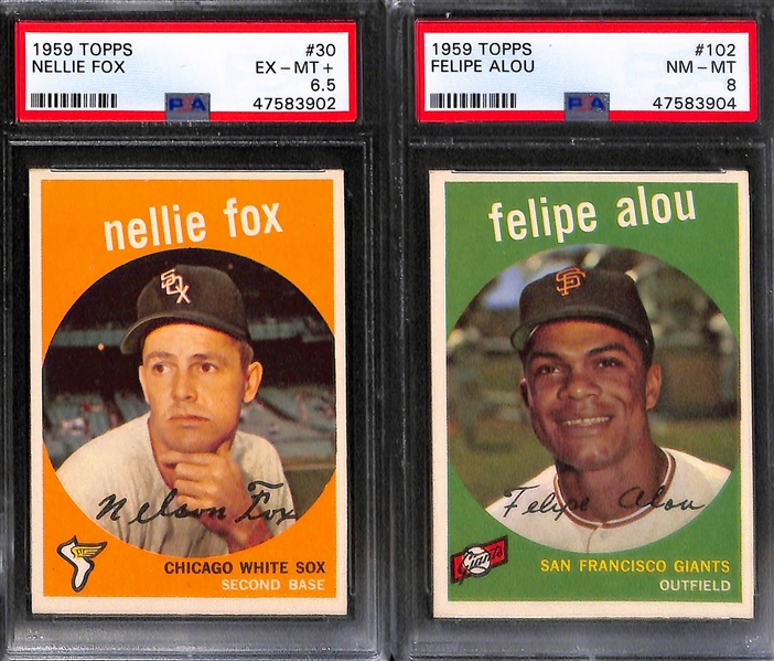 Lot of (6) Graded 1959 Topps Baseball Cards w. Nellie Fox, F. Alou, Ernie Banks, Newcombe, Roger Maris, +
