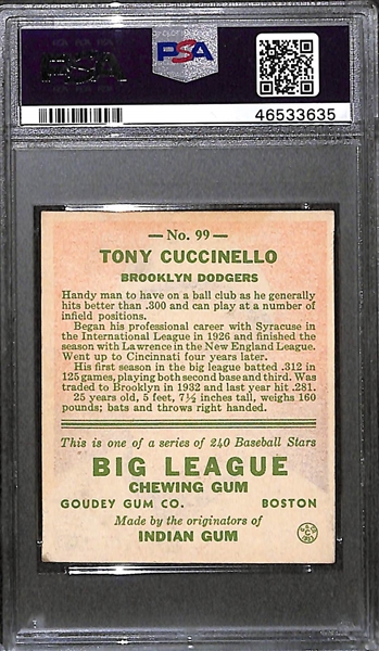 1933 Goudey Tony Cuccinello #99 PSA 4 (Autograph Grade 8) - Pop 2 - Highest Grade of Only 9 PSA Examples - (d.1995) 