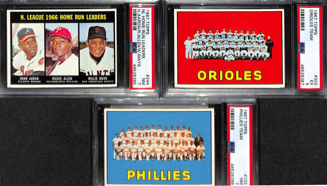 Lot of (7) 1967 PSA Graded Topps Baseball Cards w. NL Home Run Leaders H. Aaron/R. Allen/W. Mays PSA 8