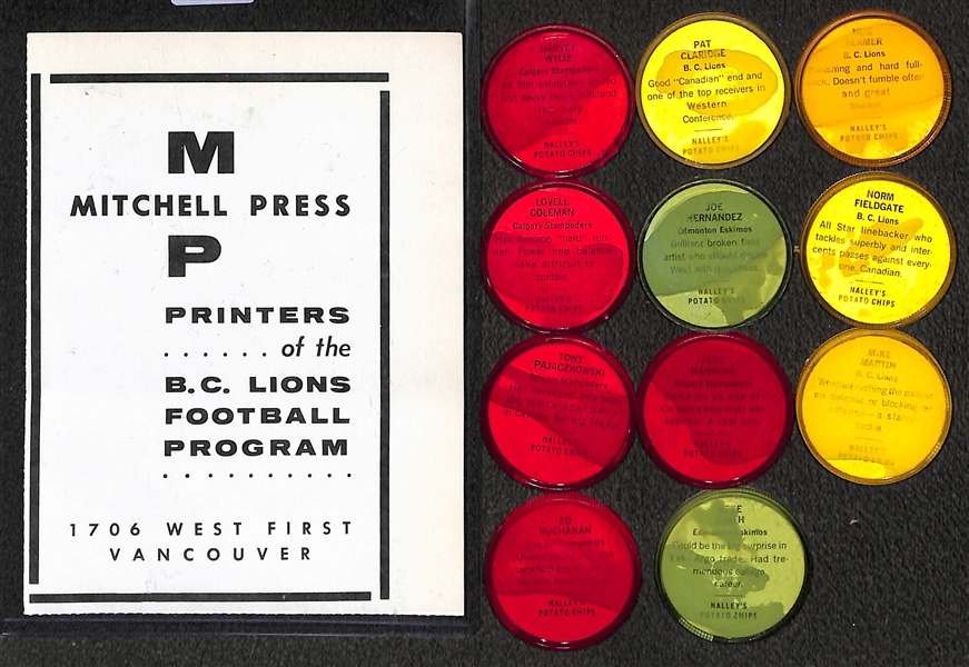Lot of (11) Different 1963 Nalley's Canadian Football Coins & Mack Burton Signed CKNW Program Insert