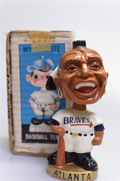 Late 1960s Atlanta Braves Gold Circle Base Braves Mascot Head Chief Nok-A-Homa Bobble Head w. Original Box