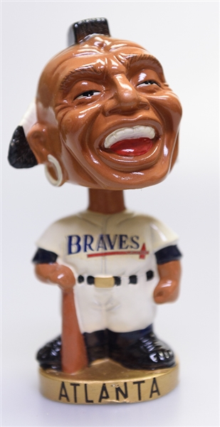 Late 1960s Atlanta Braves Gold Circle Base Braves Mascot Head Chief Nok-A-Homa Bobble Head w. Original Box