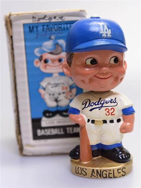 Late 1960s LA Dodgers Gold Circle Base Boy Head Bobble Head w. Original Box