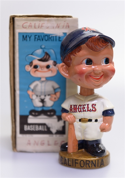 Late 1960s California Angels Gold Circle Base Boy Head Bobble Head w. Original Box