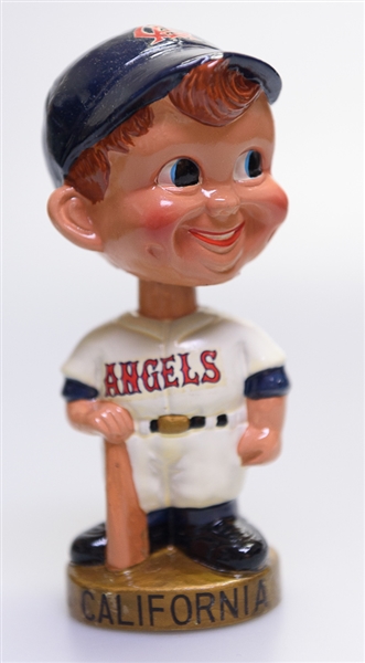 Late 1960s California Angels Gold Circle Base Boy Head Bobble Head w. Original Box