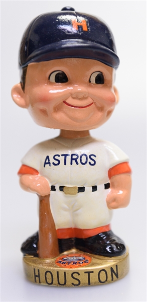 Late 1960s Houston Astros Gold Circle Base Boy Head Blue Hat Bobble Head w. Original Box