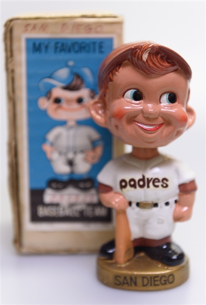 Late 1960s San Diego Padres Gold Circle Base Boy Head Bobble Head w. Original Box