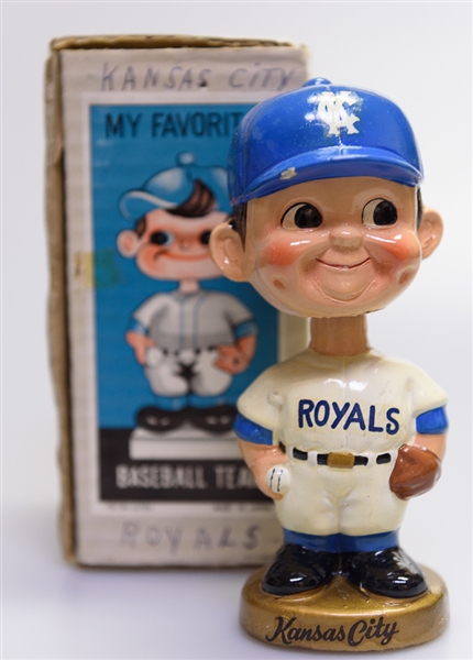 Late 1960s Kansas City Royals Gold Circle Base Boy Head Bobble Head w. Original Box